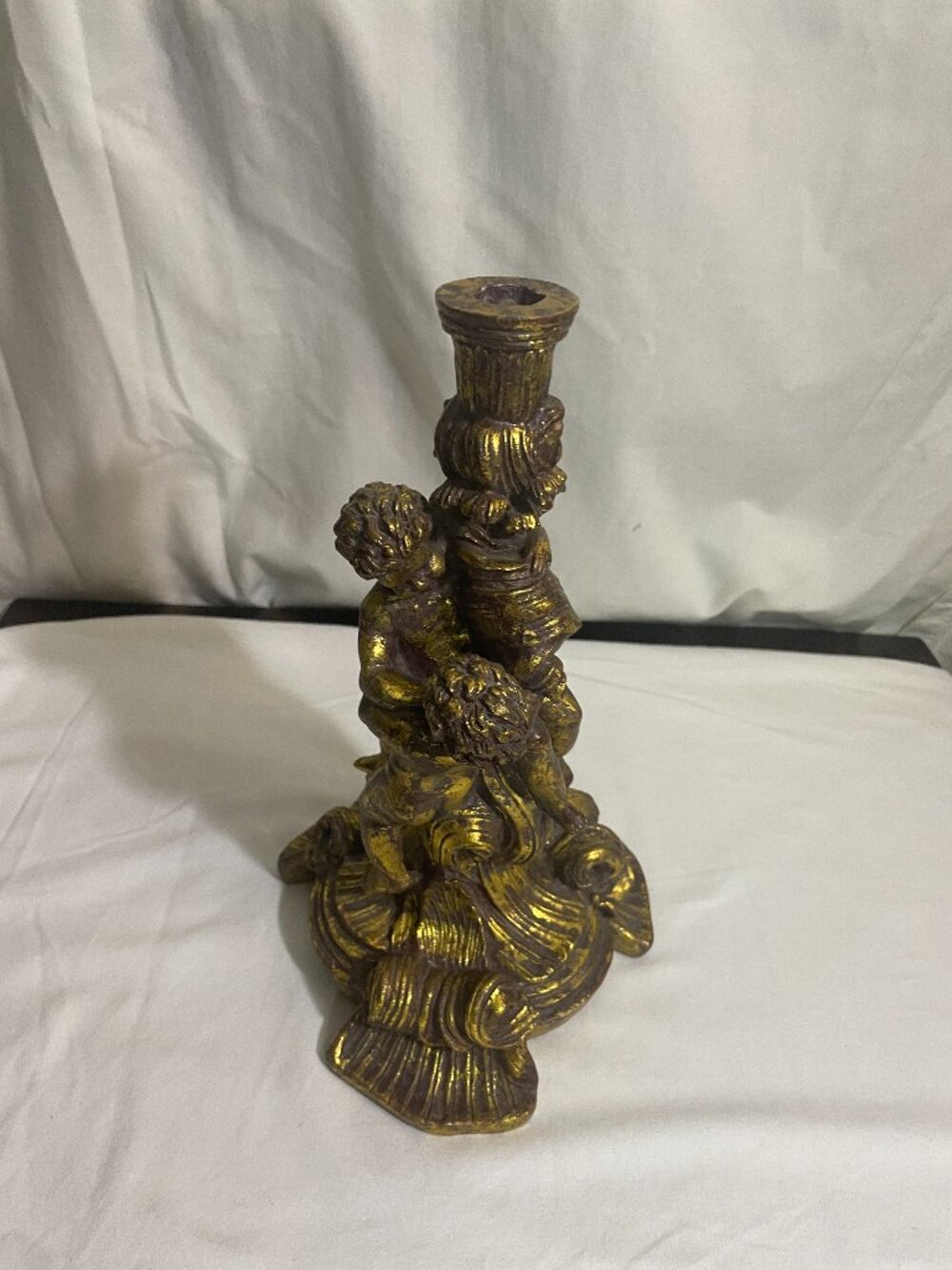 Vintage Baroque Cherub Putti Gold Gilt Candlestick Holder Figurine 12" Decor